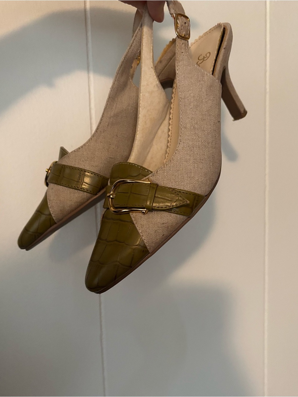 Tan & Beige Buckle Pointed Slingback kitten Heels